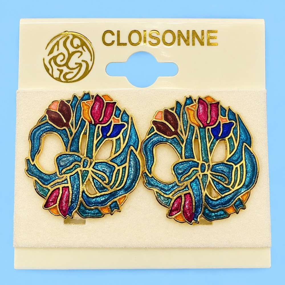 Vintage Cloisonne Floral Bow Clip On Earrings Enamel Taiwan ROC NOS -3574